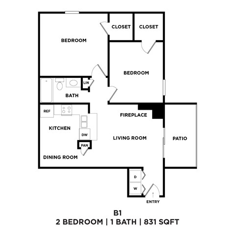 A floor plan of apartment B1 with 2 bedrooms, 1 bathroom and a living room.
